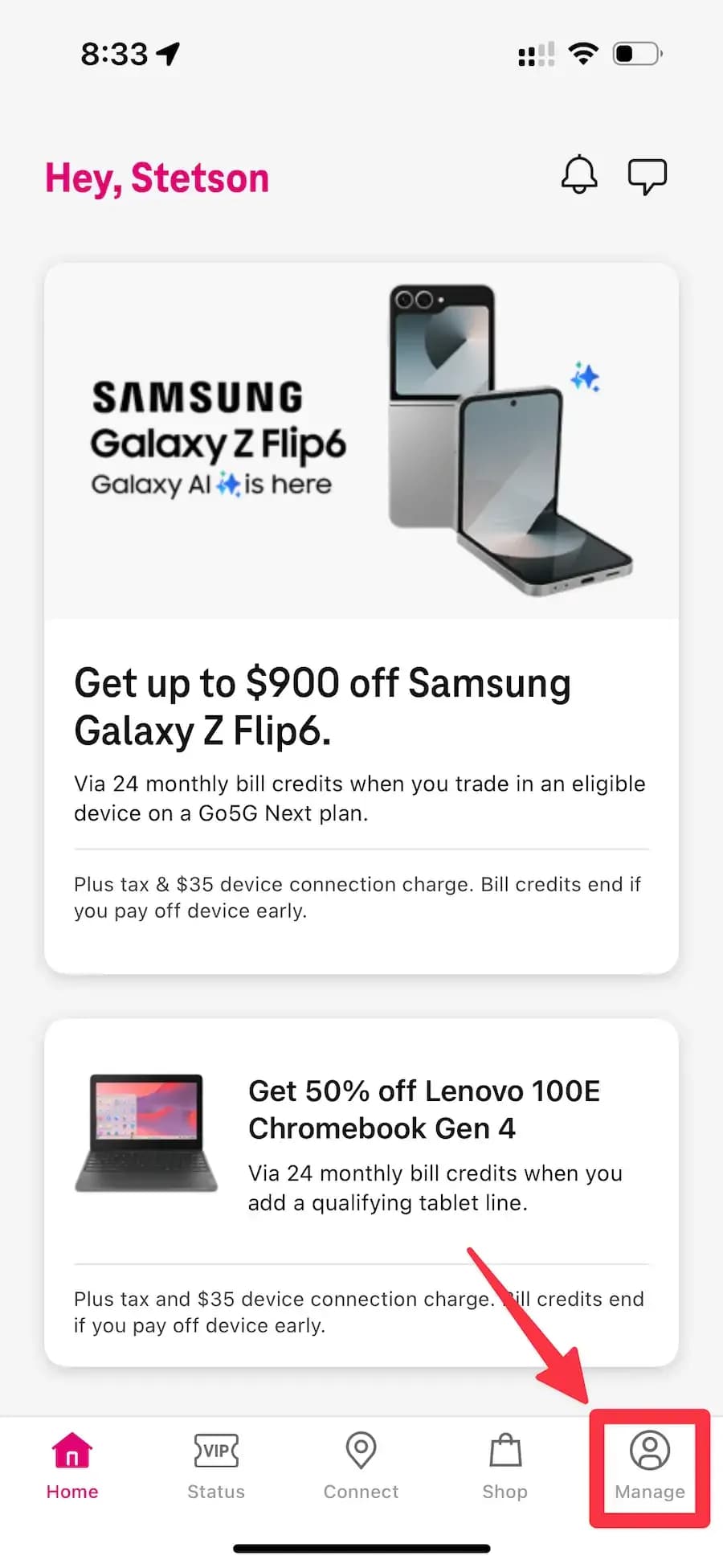 T-Life app home screen