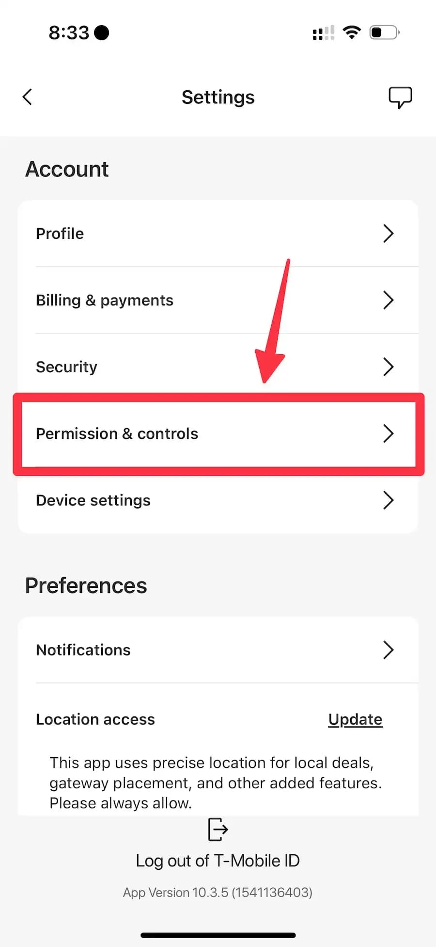 T-Life app settings page
