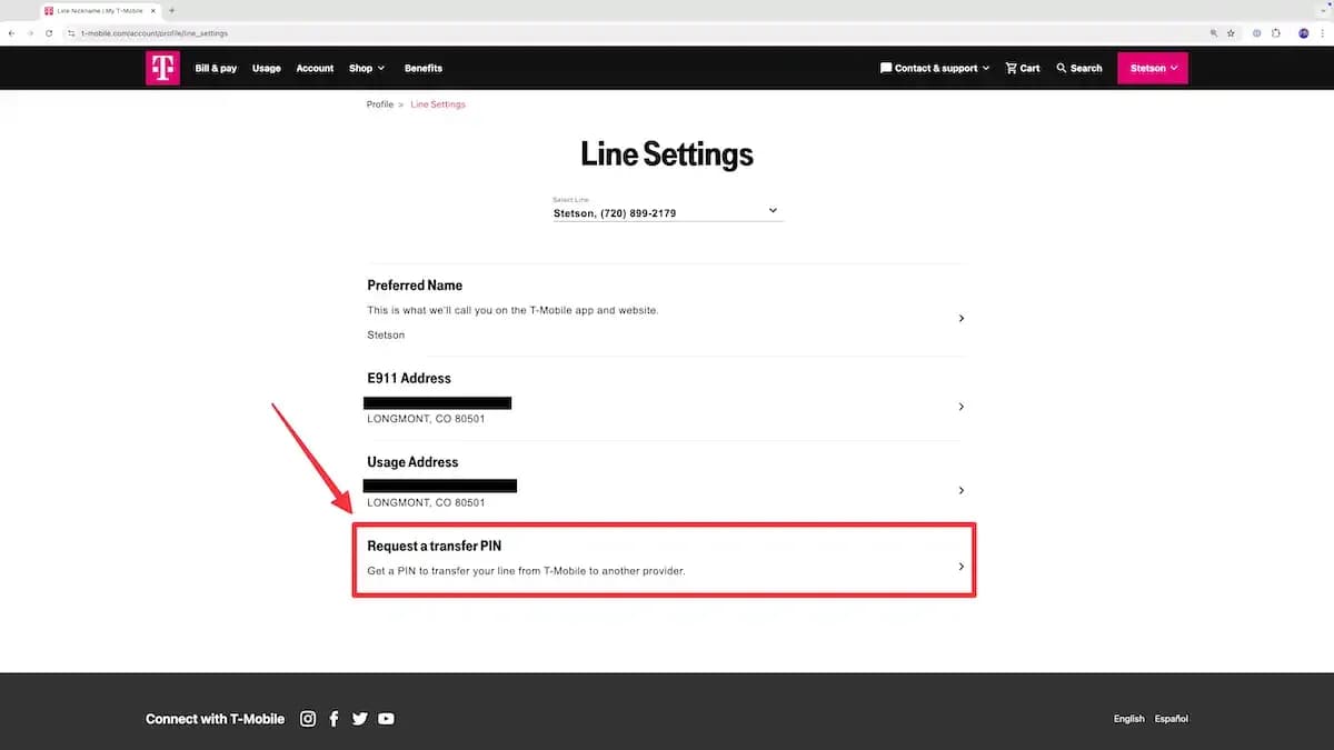 Screenshot of T-Mobile line settings